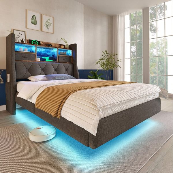Flieks Polsterbett, Schwebebett 90x200cm mit LED-Beleuchtung, Aufladen, Stauraum-Kopfteil