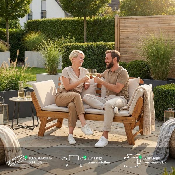KHG Gartenliege Akazie geölt, Daybed, Sonnenliege, Lounge-Set klappbar, 1 St, Creme, Schlaffunktion