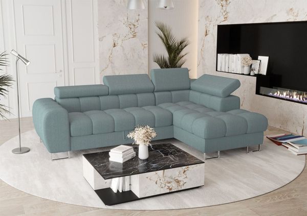 Ecksofa Schlafsofa BASTIEN in Stoff Gemma Türkis Ottomane Rechts