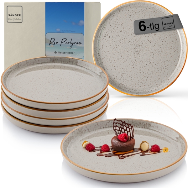 SÄNGER Dessertteller Set Rio Perlgrau - 6 teilig aus Steingut