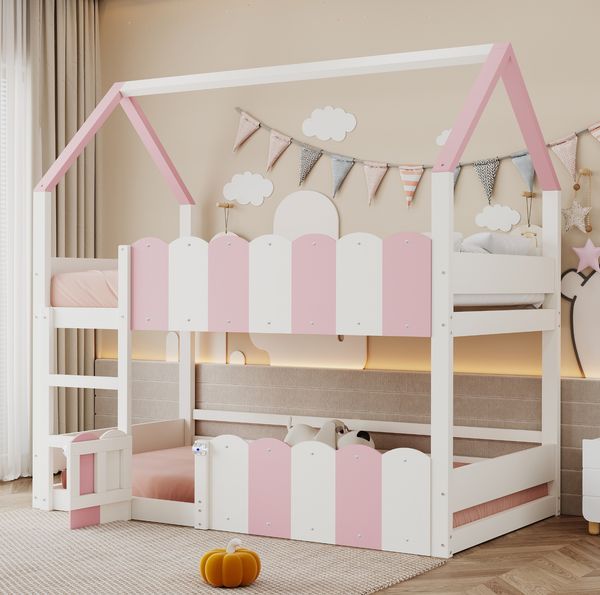 Hochbett Mit Hausdesign 90x200 In 3 Farben Rosa Metall Konstruktion 120kg Tragkraft Kinderzimmer Spielbereich