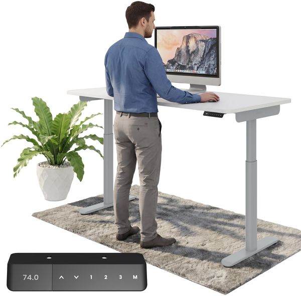 Ergotopia Desktopia One I Elektrisch höhenverstellbarer Schreibtisch I Tischplatte: 160x80cm, Weiß Dekor I Gestell Platingrau I Top Preis-Leistung