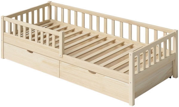 Bellabino 'Vils' Kinderbett 90x200 cm mit großer Schublade, natur, Kiefer Massivholz, Montessori Bett mit Stauraum, mit abnehmbarem Rausfallschutz und Lattenrost Bild 2