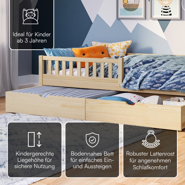 Bellabino 'Vils' Kinderbett 90x200 cm mit großer Schublade, natur, Kiefer Massivholz, Montessori Bett mit Stauraum, mit abnehmbarem Rausfallschutz und Lattenrost Bild 4