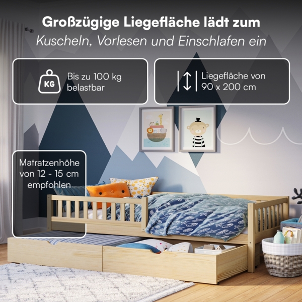 Bellabino 'Vils' Kinderbett 90x200 cm mit großer Schublade, natur, Kiefer Massivholz, Montessori Bett mit Stauraum, mit abnehmbarem Rausfallschutz und Lattenrost Bild 5