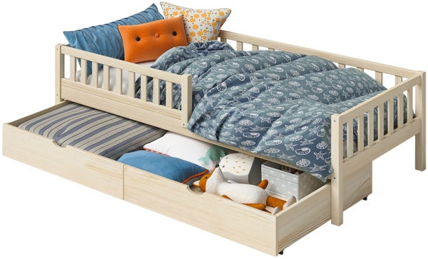 Bellabino 'Vils' Kinderbett 90x200 cm mit großer Schublade, natur, Kiefer Massivholz, Montessori Bett mit Stauraum, mit abnehmbarem Rausfallschutz und Lattenrost Bild 11