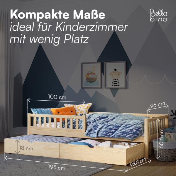 Bellabino 'Vils' Kinderbett 90x200 cm mit großer Schublade, natur, Kiefer Massivholz, Montessori Bett mit Stauraum, mit abnehmbarem Rausfallschutz und Lattenrost Bild 3