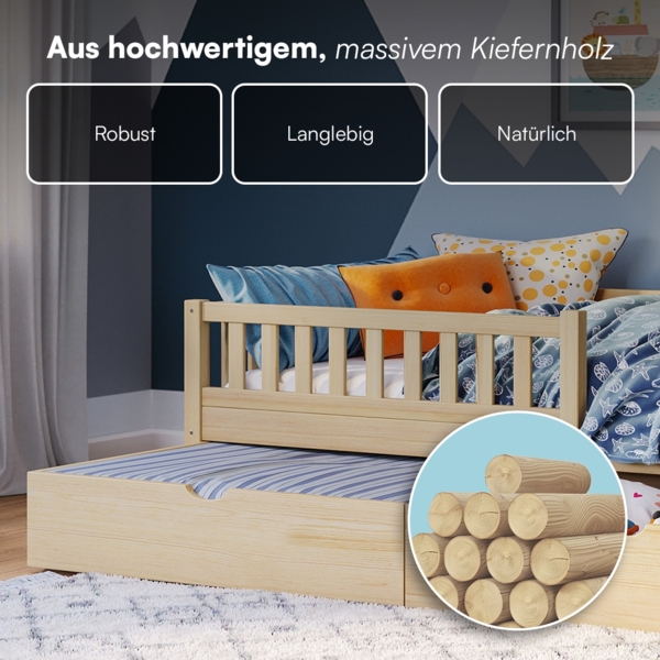 Bellabino 'Vils' Kinderbett 90x200 cm mit großer Schublade, natur, Kiefer Massivholz, Montessori Bett mit Stauraum, mit abnehmbarem Rausfallschutz und Lattenrost Bild 8