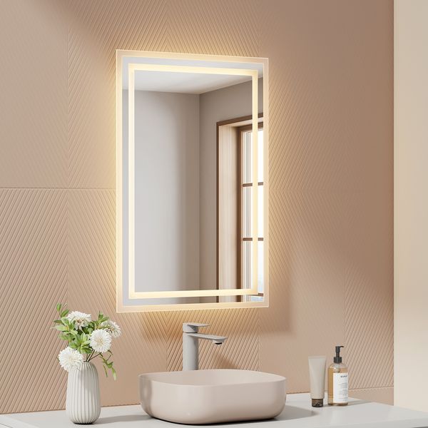 EMKE Badspiegel LED Beleuchtung 60x40cm, Kaltweißes/Warmweißes Licht, Knopfschalter, Beschlagfrei, IP44 Wasserdicht Wandspiegel