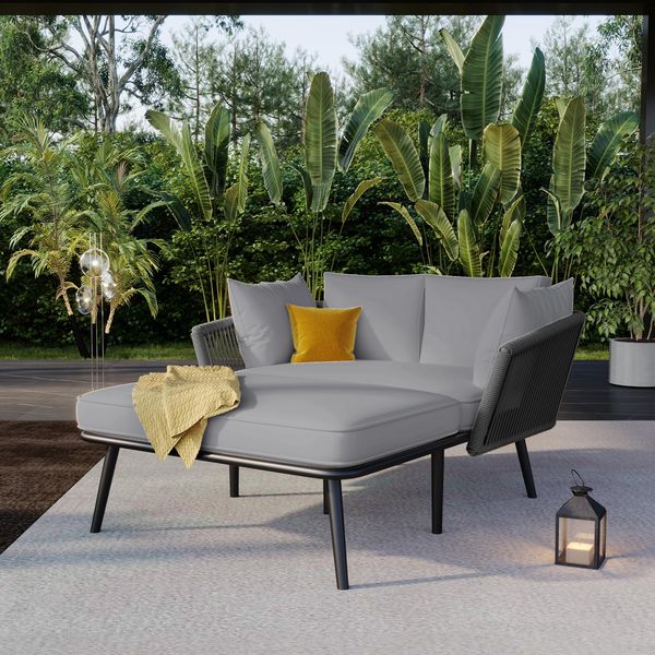 Ball & Cast Sonnenliege für 2 Personen, Gartensofa mit Abnehmbaren und Waschbaren Kissen, Gartenliegen für Den Außenbereich, Balkonmöbel, Grau