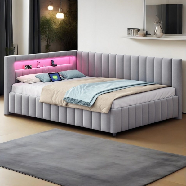 MODFU Polsterbett Daybett Tagesbett Polsterbett Doppelbett Kinderbett Gästebett (mit LED-Licht, USB-Anschluss, Rückenlehne und stabilem Rahmen, für Schlafzimmer & Gästezimmer, 140x200 cm), Ohne Matratze