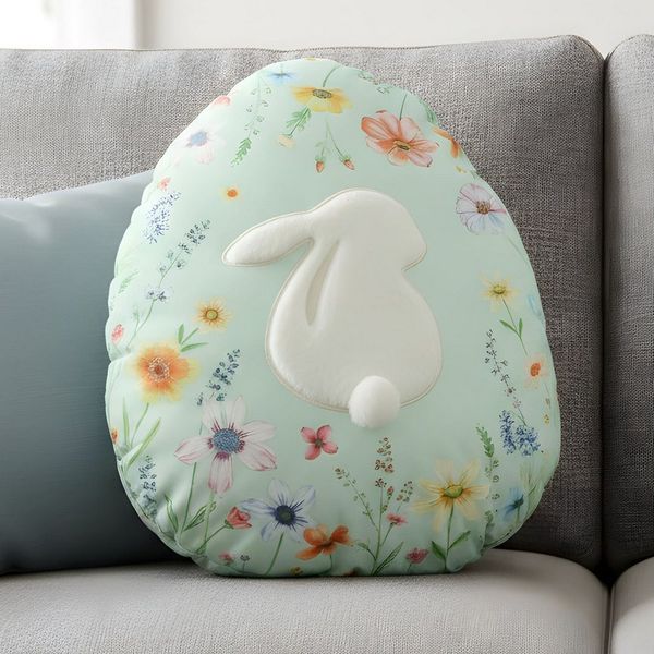 Dekoleidenschaft Dekokissen "Osterei" mint grün, Samt Sofakissen, Hase aus Kunstfell, Zierkissen, 33 x 43 cm, Couchkissen Ostern