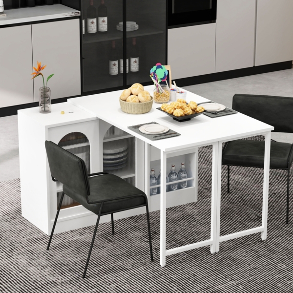 Bartisch, Moderner ausziehbarer 360° drehbarer Bartisch mit Stauraum reversibel Tisch Sideboard Bar mit Glasschranktür für Küche Kaffeebar Möbel, Holz+Glas, Weiß