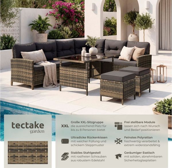 tectake Loungeset Rattan Sitzgruppe mit Sicherheitsglasplatten, für 6 bis 8 Personen, (Gartenlounge-set Barletta, 6-tlg, geeignet für Outdoor in Natur), widerstandsfähig und UV-beständig, dicke Rückenkissen