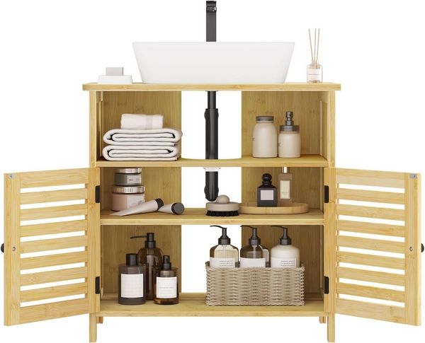 EUGAD Waschbeckenunterschrank (1-St) mit Lamellentüren, Badezimmerschrank aus Bambus