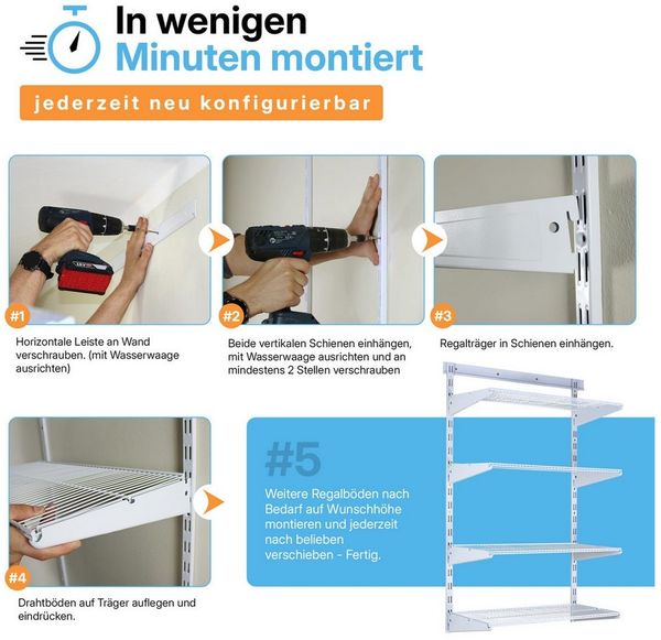 BOOMET Wandregal Regal Metall anthrazit, 60 9-tlg, Wandschienen System Hängeregal Wandboard Drahtboden