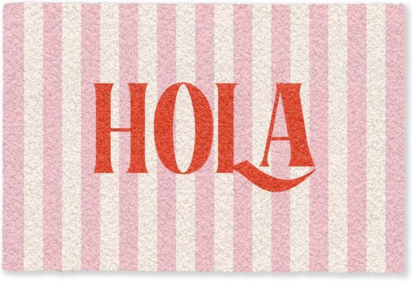 MuchoWow Fußmatte Hola - Zitat - Streifen - Pastell - Rosa - Rot - Weiß, Rechteckig, innen Schmutzfangmatte, Tür, Schmutzfänger Flur, Teppich 60x40 cm