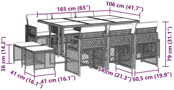 vidaXL 11-tlg. Garten-Essgruppe mit Kissen Braun Poly Rattan 3210789 Bild 11