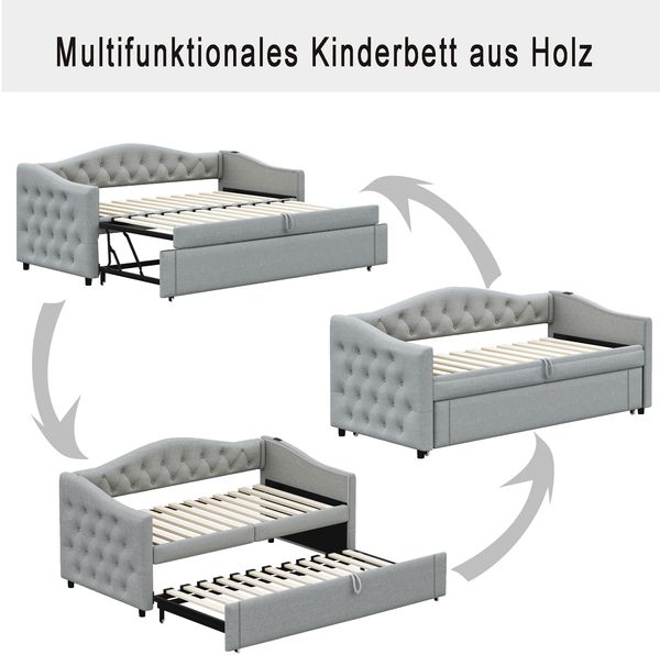 Ausziehbett 90×200 cm als Schlafsofa mit Lattenrost und USB-Anschluss, Grau, ohne Matratze Bild 8