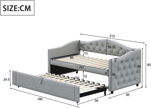 Ausziehbett 90×200 cm als Schlafsofa mit Lattenrost und USB-Anschluss, Grau, ohne Matratze Bild 7
