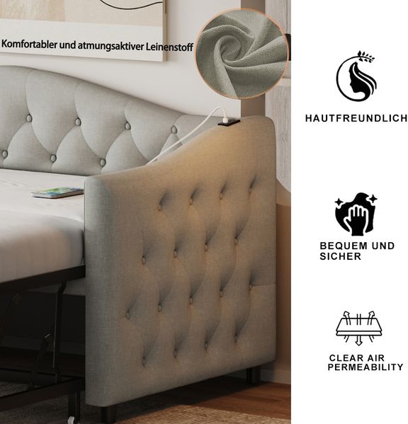 Ausziehbett 90×200 cm als Schlafsofa mit Lattenrost und USB-Anschluss, Grau, ohne Matratze Bild 2