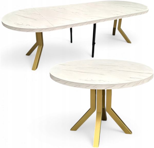 Ausziehbarer runder Esstisch Ø100–300 cm Marmor Weiß – Goldene Metallbeine X SLIM