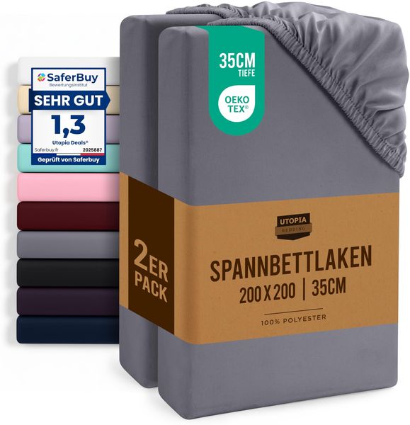 Utopia Bedding - 2er Set Spannbettlaken 200x200 cm - Grau - Oeko-Tex Zertifiziertes - Gebürstete Mikrofaser Spannbetttuch - 35 cm Tiefe Tasche