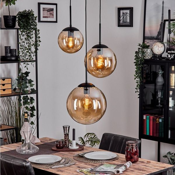 hofstein Hängeleuchte moderne Retro/Vintage Hängelampe aus Metall/Glas in Schwarz/Bernstein, ohne Leuchtmittel
