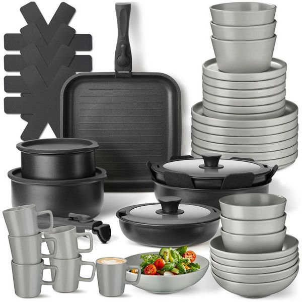 tectake Kochbesteck-Set Küchenstarterset aus Steingut mit Glasur, hitzebeständig und (Geschirrset Una/Parma, 47-tlg, Kochtopf, Bratpfanne), Hitzebeständige, abnehmbare Griffe, Deckel mit Dampfablassloch