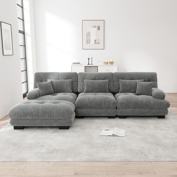 3-Sitzer-Sofa 313×145×81 cm aus Chenille modular mit 1 Ottomane, grau