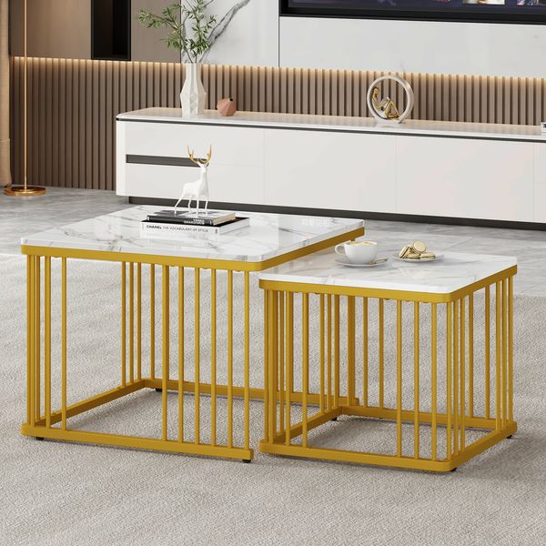 2er Couchtisch Set quadratisch in Hochglanz Marmoroptik Weiß, ineinander schiebbar, Wohnzimmer Beistelltische mit goldenen Beinen