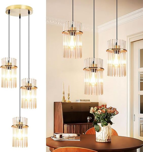 ZMH Pendelleuchte 3 Flammig Hängelampe Esstisch Rund Gold E27 Glasschirm Ø 16 Für Esszimmer Küche Wohnzimmer Cafe Bar Ohne Leuchtmittel