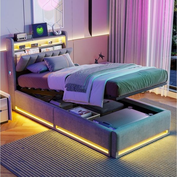 Gdood Polsterbett Stauraumbett mit LED Beleuchtung und Ladefunktion 90x200 cm (1-tlg, Modernes Jugendbett, Leises Design Bett), Jugendbett Hydraulisches Stauraumbett