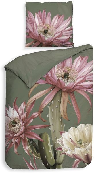 Heckett & Lane Satin Bettwäsche 135x200 Mesa Forest Green Kaktusblüte grün pink