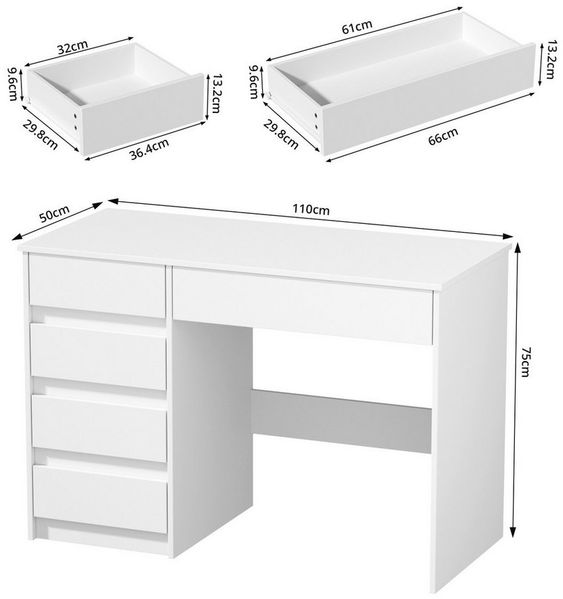 VOWNER Schreibtisch mit 5 Schubladen, modernes einfaches Studier- und PC-Tisch (1-St), Für kleines Raum & Heimbüro – Abmessungen: 110x50x75 cm