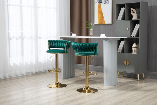 Barhocker 54x46x78,5-97 cm, drehbar & höhenverstellbar, Samt (Emerald) mit goldener Basis,2 Set
