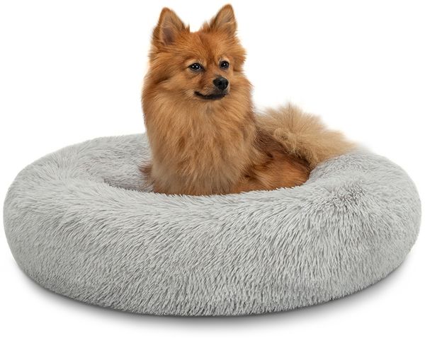 lionto Donut Hundebett, rundes Hundesofa mit Plüschbezug & Anti-Rutsch-Noppen, weich & gemütlich, 60 cm Durchmesser, hellgrau