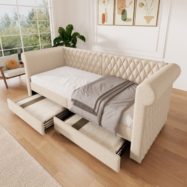 Schlafsofa Beige mit 2 Schubladen, Daybed mit Leinenstoff, vintage Kopfteil, 90x200 cm, geeignet für kleine Wohnzimmer