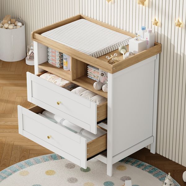 Merax Wickelkommode, Multifunktionale Baby-Wickelkommode, Umwandelbarer Baby-Wickeltisch mit abnehmbarem Wickelaufsatz und Schubladen, Kommode mit Wickelaufsatz, Weiß , 82x50x90cm, ohne Polster