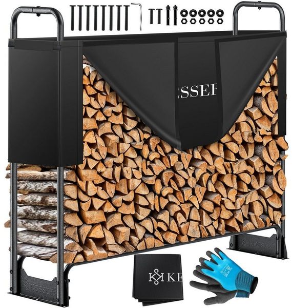 KESSER® Kaminholzregal Metall Brennholzregal außen Stahlrahmen + Abdeckung & Handschuhe Kaminholzunterstand 200kg Wasserdichter Holzlager Holzstapelhilfe für Garten Terrasse Schwarz, 130 x 36 x 117cm