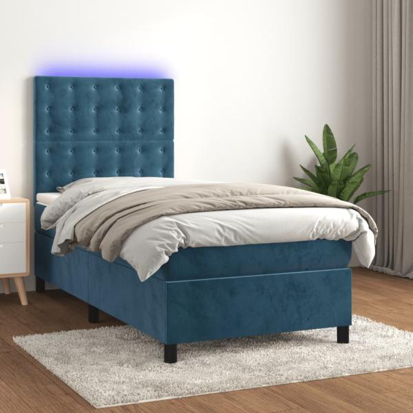 vidaXL Boxspringbett mit Matratze & LED Dunkelblau 90x200 cm Samt 3136345