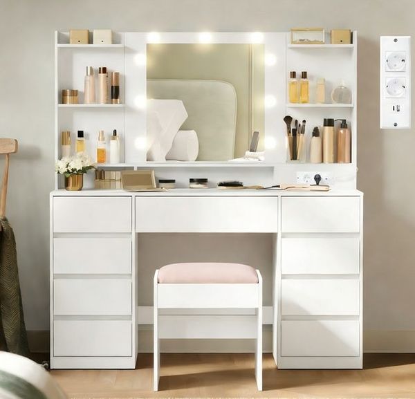 VASAGLE Schminktisch mit Spiegel und LED-Leuchten, Steckdosenleiste, Schubladen (1 Tisch mit 1 Hocker), 2 Schränke, 9 dimmbare Glühbirnen, 3 Lichtfarben, verstellbare Ablagen