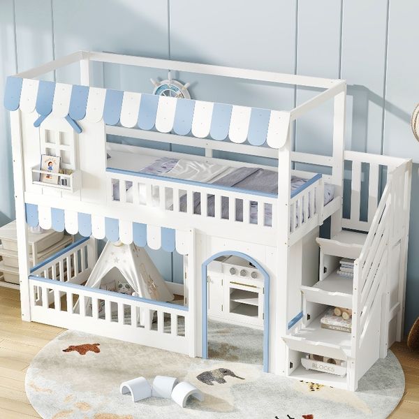 Novelux Etagenbett 90x200 cm mit Treppe und Stauraum – Kinderbett Hausbett aus Kiefer, MDF & Sperrholz in Weiß Blau, mit Schutzgitter und Lattenrost