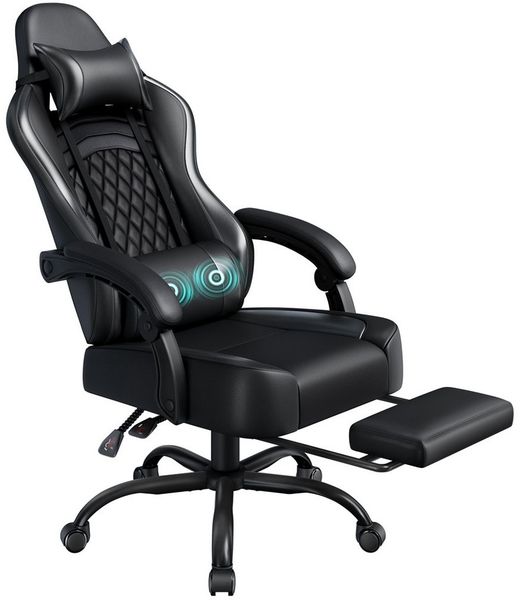 Yaheetech Gaming-Stuhl mit Massagefunktion & Kopfstütze & Fußstütze Ergonomischer PC-Stuhl, höhenverstellbarer Drehstuhl Computerstuhl Verstellbare Rückenlehne, Kunstleder Schwarz, 72 × 72 × 124,5–134 cm