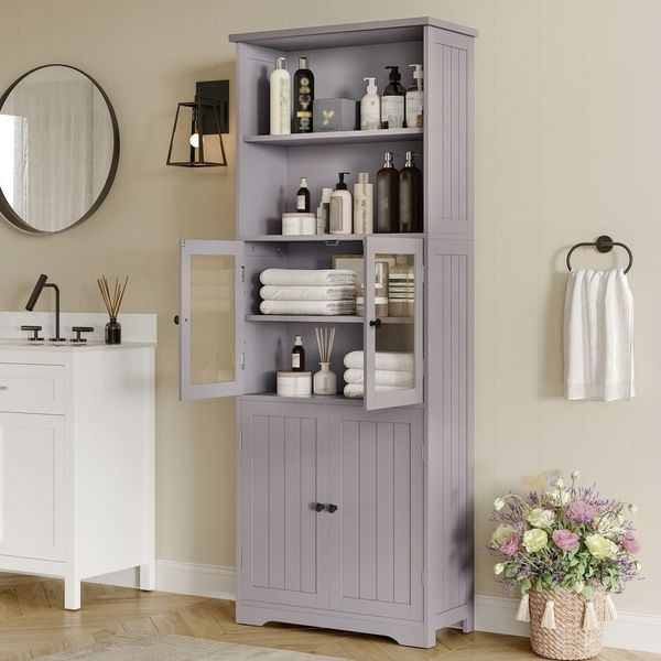 Merax Hochschrank mit Glas- & Holztüren (57.4x26.9x162.5cm, 1-St, Standvitrine Badkommode) Badezimmerschrank mit 2 offenen Fächern und verstellbaren Regalen