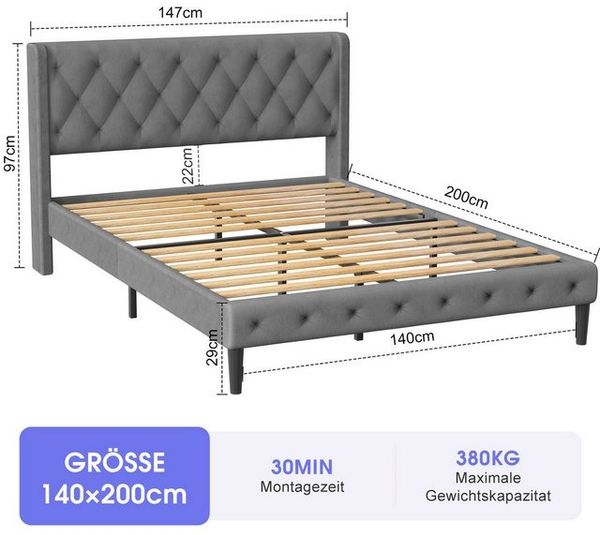 Lexzurn Polsterbett Polsterbett 140x200 cm Bett mit Lattenrost (Doppelbett mit gepolstertem Kopfteil, Einfache Montage, Robustes Gestell und Hochwertiger Leinenstoff), wählen Sie Größe und Farbe! Kostenlose Lieferung! Bild 4