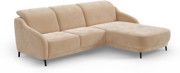 CAVADORE Ecksofa Blue/Moderne Eckcouch mit Longchair, inklusiv Kopfteilverstellung und mattschwarzen Metallfüßen / 271 x 93 x 191 / Mikrofaser, Hellbraun