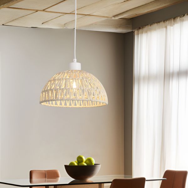 lux. pro 'Alton' Hängeleuchte, Metall+Rattan Weiß, 156 x 12 x 25 cm