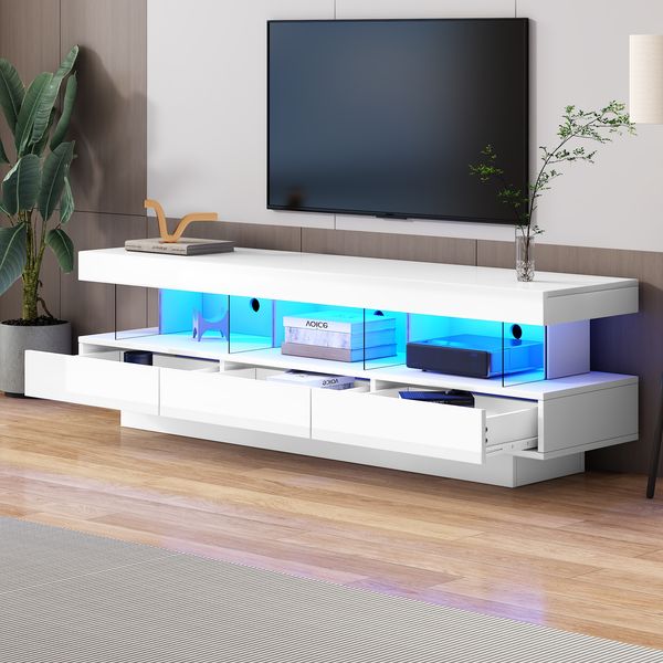 TV-Schrank Weiß Hochglanz 160 cm mit 3 Glasfächern LED-Beleuchtung Bluetooth App steuerbar