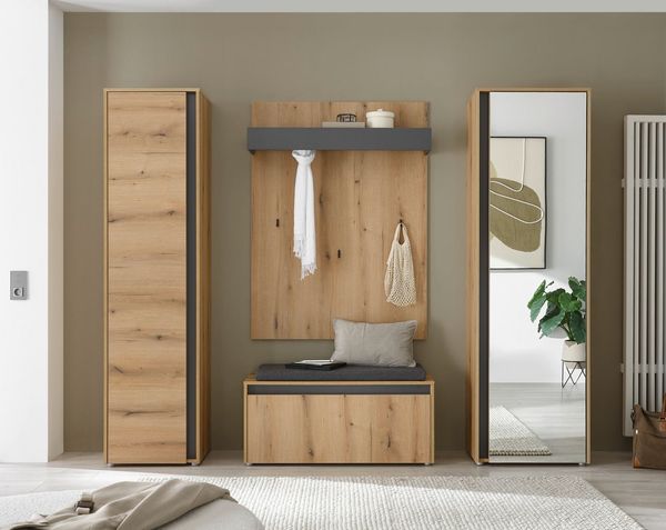 Home affaire Garderoben-Set GIRON/CiTY, moderne Garderobe, Komplettset mit viel Stauraum, (Komplett-Set, 4-St), enthält Garderobenschränke, Paneel & Schuhbank +Sitzkissen